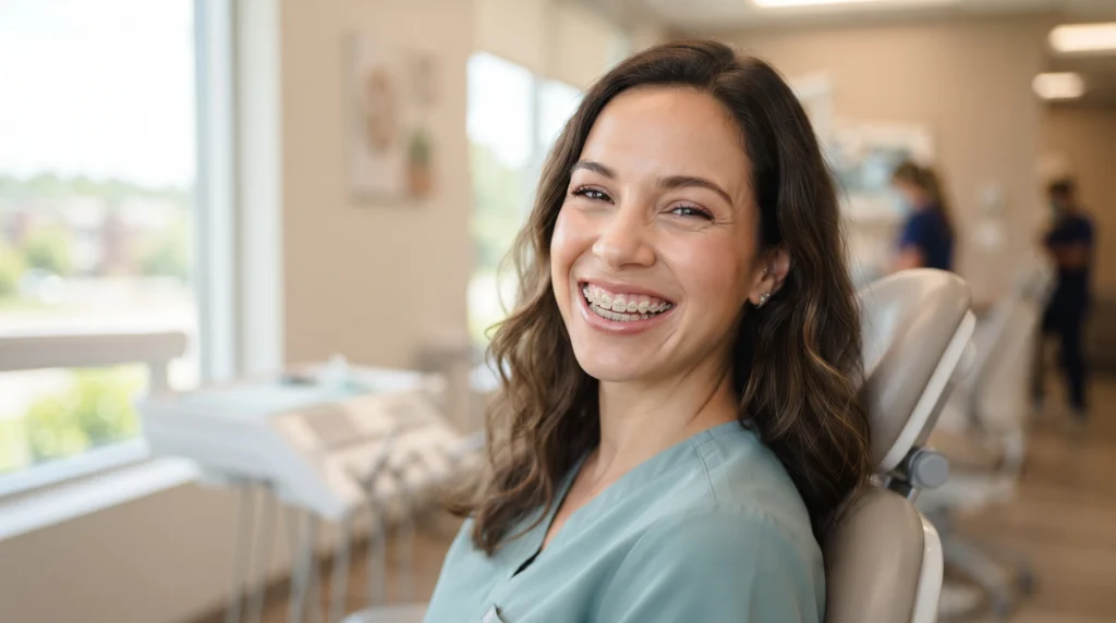 ceramic braces cost, tooth colored brackets on a smiling adult